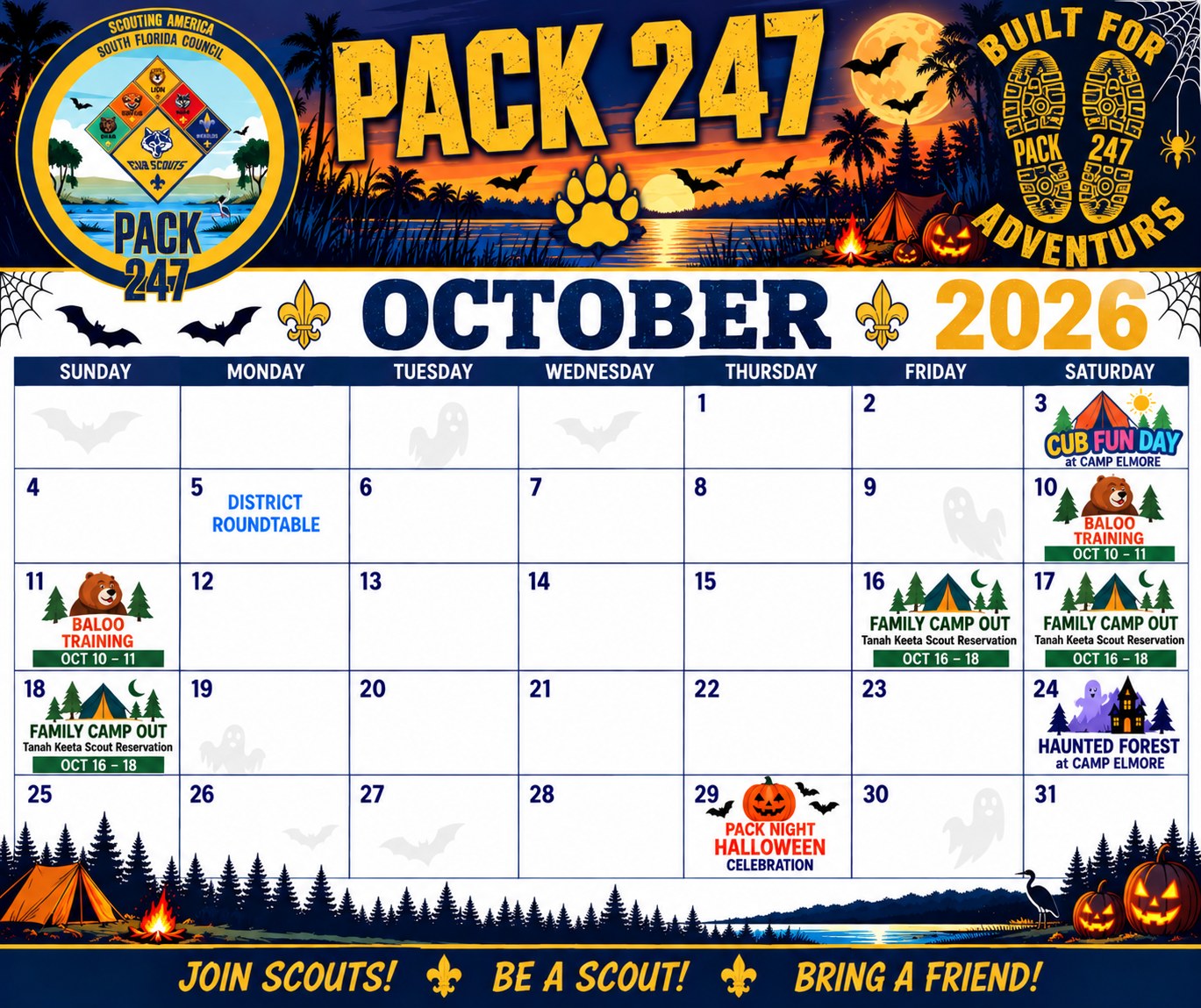 October 2026 calendar for Pack 247 Adventures. Marked events are Cub Fun Day, District Roundtable, Baloo Training, the Family Camp Out, Haunted Forest, and Pack Night Halloween Celebration. Select to open the full-size calendar.